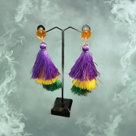 Purple Gold Green Tassel Dangle Earrings - Picture 4 of 4